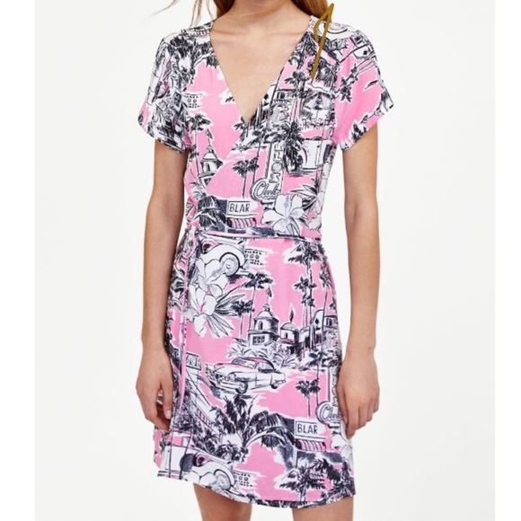 Zara Pink and Gray Wrap Sundress with Flutter Sleeves - Picture 2 of 6